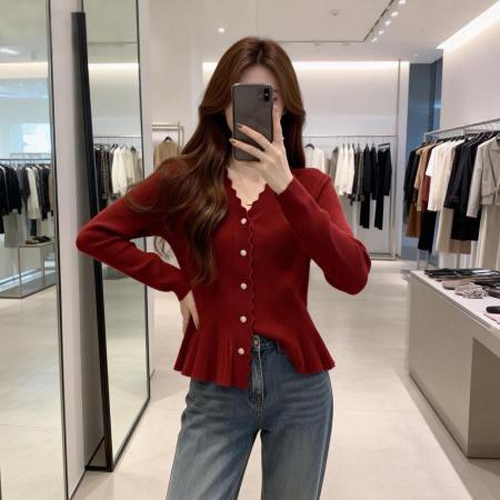 BY11909# 春季新款荷叶边单排扣百搭针织衫毛衣女大码收腰显瘦上衣 服裝批發女裝批發服飾貨源