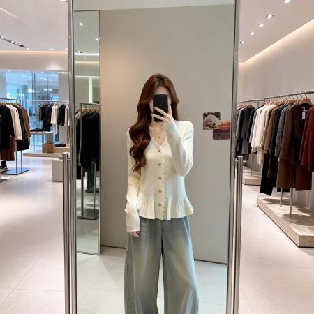 BY11909# 春季新款荷叶边单排扣百搭针织衫毛衣女大码收腰显瘦上衣 服裝批發女裝批發服飾貨源