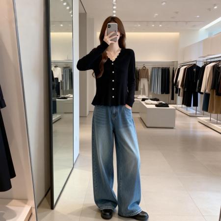 BY11909# 春季新款荷叶边单排扣百搭针织衫毛衣女大码收腰显瘦上衣 服裝批發女裝批發服飾貨源