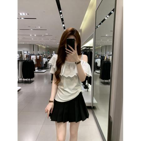 BY11911# 夏季新款个性花瓣领漏肩百搭针织T恤女胖mm休闲显瘦上衣 服裝批發女裝批發服飾貨源