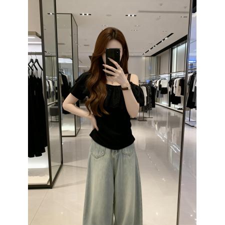 BY11911# 夏季新款个性花瓣领漏肩百搭针织T恤女胖mm休闲显瘦上衣 服裝批發女裝批發服飾貨源