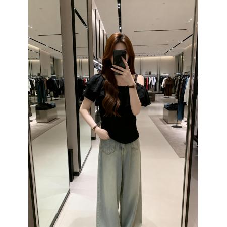 BY11911# 夏季新款个性花瓣领漏肩百搭针织T恤女胖mm休闲显瘦上衣 服裝批發女裝批發服飾貨源