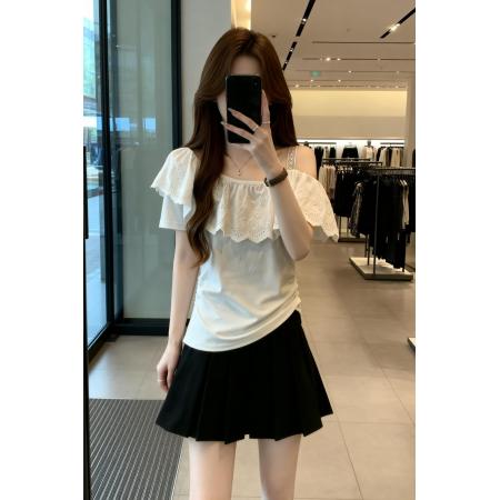 BY11911# 夏季新款个性花瓣领漏肩百搭针织T恤女胖mm休闲显瘦上衣 服裝批發女裝批發服飾貨源