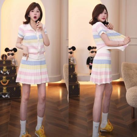 BY11913# 春夏新款设计感洋气时尚休闲Polo领针织衫+半身裙两件套套装 服裝批發女裝批發服飾貨源