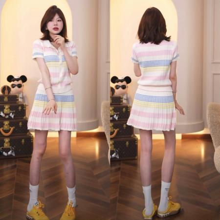 BY11913# 春夏新款设计感洋气时尚休闲Polo领针织衫+半身裙两件套套装 服裝批發女裝批發服飾貨源