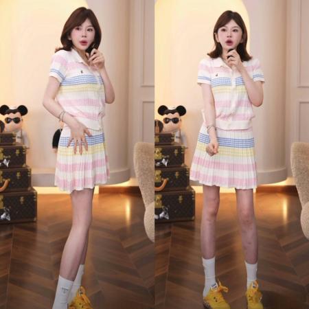 BY11913# 春夏新款设计感洋气时尚休闲Polo领针织衫+半身裙两件套套装 服裝批發女裝批發服飾貨源