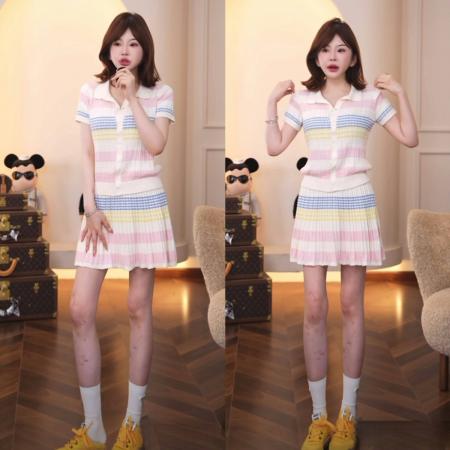 BY11913# 春夏新款设计感洋气时尚休闲Polo领针织衫+半身裙两件套套装 服裝批發女裝批發服飾貨源