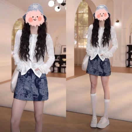 BY11916# 春夏纯色提花长袖开衫防晒罩衫百搭短裙裤气质套装洋气衣服女 服裝批發女裝批發服飾貨源