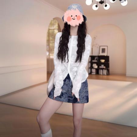 BY11916# 春夏纯色提花长袖开衫防晒罩衫百搭短裙裤气质套装洋气衣服女 服裝批發女裝批發服飾貨源