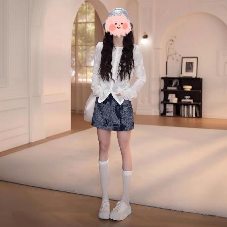 BY11916# 春夏纯色提花长袖开衫防晒罩衫百搭短裙裤气质套装洋气衣服女 服裝批發女裝批發服飾貨源