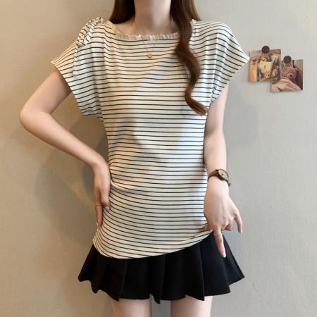 BY11918# 大码胖MM新款撞色条纹花边拼接收腰显瘦短袖T恤上衣 服裝批發女裝批發服飾貨源