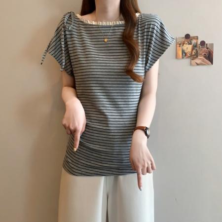 BY11918# 大码胖MM新款撞色条纹花边拼接收腰显瘦短袖T恤上衣 服裝批發女裝批發服飾貨源
