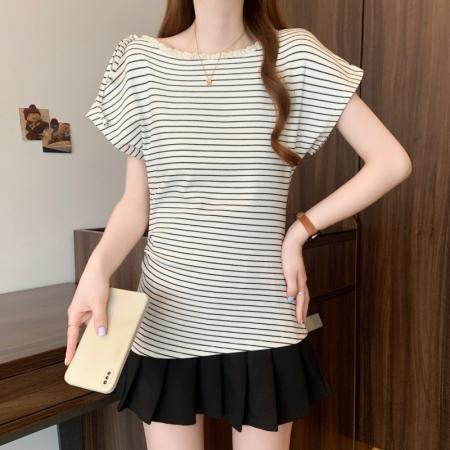 BY11918# 大码胖MM新款撞色条纹花边拼接收腰显瘦短袖T恤上衣 服裝批發女裝批發服飾貨源