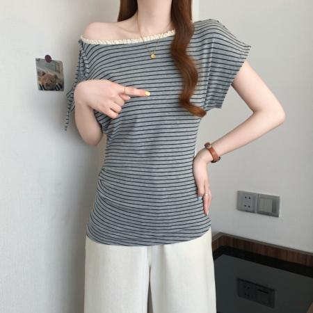 BY11918# 大码胖MM新款撞色条纹花边拼接收腰显瘦短袖T恤上衣 服裝批發女裝批發服飾貨源