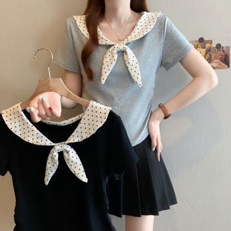BY11919# 大码胖MM韩系撞色波点拼接设计感甜美减龄收腰百搭T恤 服裝批發女裝批發服飾貨源