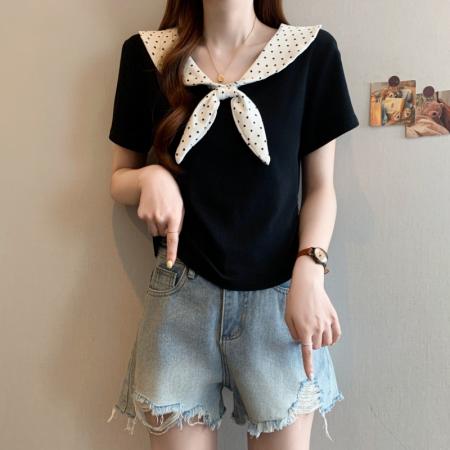 BY11919# 大码胖MM韩系撞色波点拼接设计感甜美减龄收腰百搭T恤 服裝批發女裝批發服飾貨源