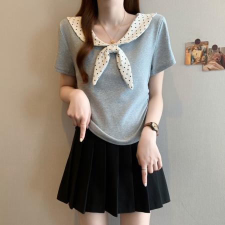 BY11919# 大码胖MM韩系撞色波点拼接设计感甜美减龄收腰百搭T恤 服裝批發女裝批發服飾貨源