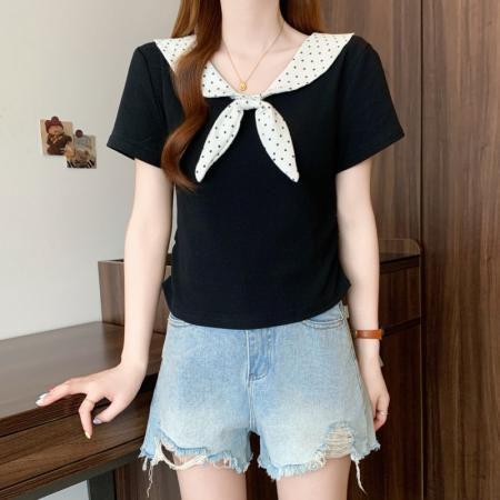 BY11919# 大码胖MM韩系撞色波点拼接设计感甜美减龄收腰百搭T恤 服裝批發女裝批發服飾貨源