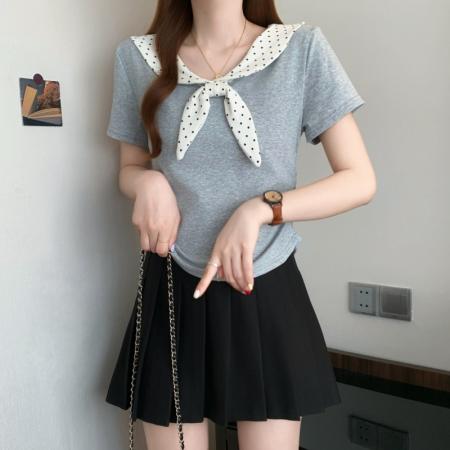 BY11919# 大码胖MM韩系撞色波点拼接设计感甜美减龄收腰百搭T恤 服裝批發女裝批發服飾貨源