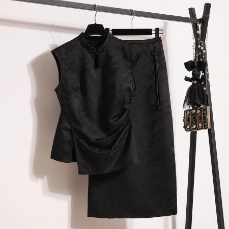 BY11920# 大码女装夏季新中式国风套装修身盘扣衬衫上衣高腰半身裙 服裝批發女裝批發服飾貨源