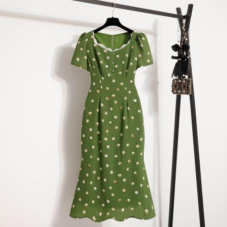 BY11921# 大码女装夏季新款绿色印花显瘦遮肉碎花裙连衣裙 服裝批發女裝批發服飾貨源