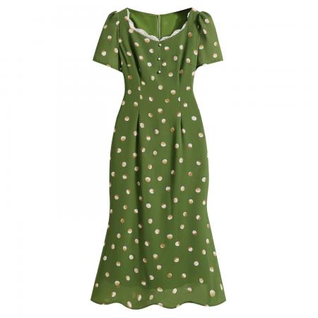 BY11921# 大码女装夏季新款绿色印花显瘦遮肉碎花裙连衣裙 服裝批發女裝批發服飾貨源