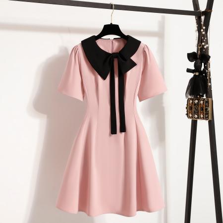 BY11922# 大码女装夏季新款粉色连衣裙胖mm黑色拼接显瘦显瘦连衣裙 服裝批發女裝批發服飾貨源