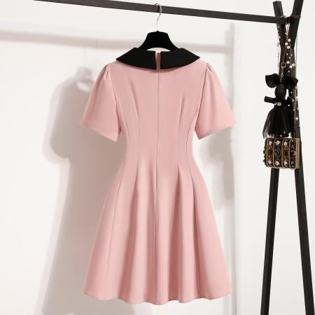 BY11922# 大码女装夏季新款粉色连衣裙胖mm黑色拼接显瘦显瘦连衣裙 服裝批發女裝批發服飾貨源