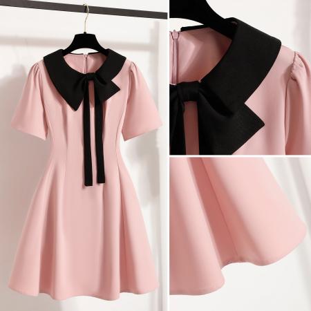 BY11922# 大码女装夏季新款粉色连衣裙胖mm黑色拼接显瘦显瘦连衣裙 服裝批發女裝批發服飾貨源