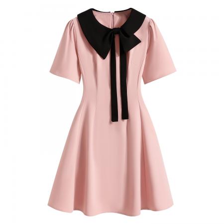 BY11922# 大码女装夏季新款粉色连衣裙胖mm黑色拼接显瘦显瘦连衣裙 服裝批發女裝批發服飾貨源