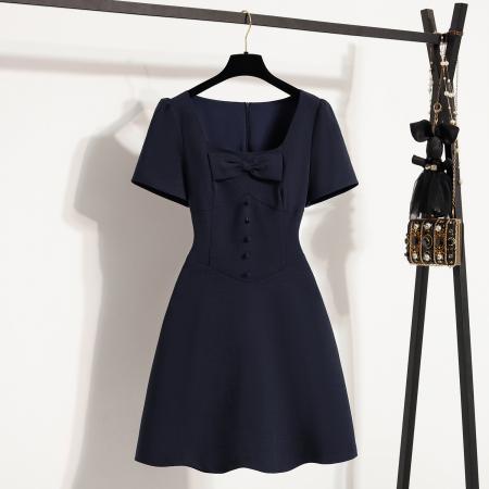 BY11925# 大码女装微胖妹夏季新款法式蝴蝶结收腰显瘦方领连衣裙 服裝批發女裝批發服飾貨源