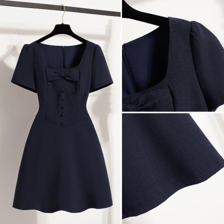 BY11925# 大码女装微胖妹夏季新款法式蝴蝶结收腰显瘦方领连衣裙 服裝批發女裝批發服飾貨源