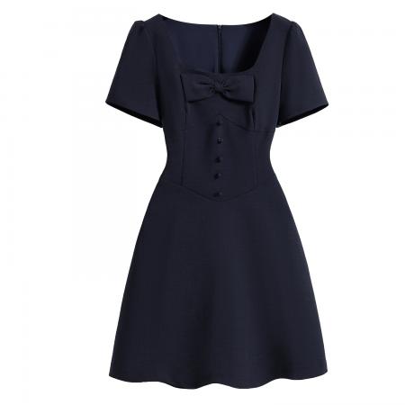 BY11925# 大码女装微胖妹夏季新款法式蝴蝶结收腰显瘦方领连衣裙 服裝批發女裝批發服飾貨源