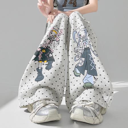 BY11926# 甜美波点二次元少女卡通卫裤女新款慵懒宽松直筒阔腿休闲裤子 服裝批發女裝批發服飾貨源