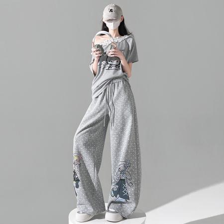 BY11926# 甜美波点二次元少女卡通卫裤女新款慵懒宽松直筒阔腿休闲裤子 服裝批發女裝批發服飾貨源