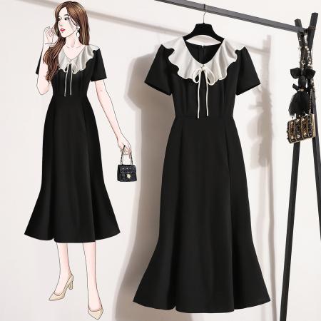 BY11927# 大码女夏季新款气质鱼尾裙微胖妹显瘦黑白撞色经典连衣裙 服裝批發女裝批發服飾貨源