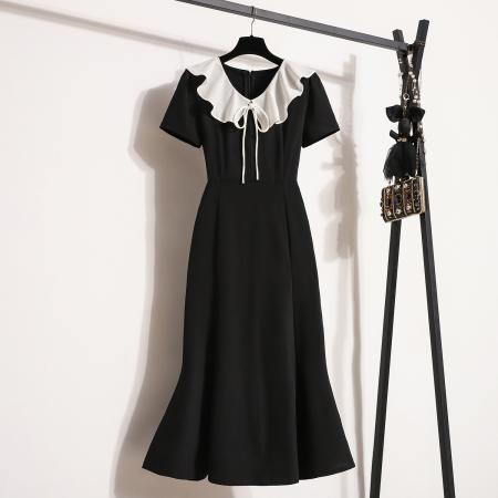 BY11927# 大码女夏季新款气质鱼尾裙微胖妹显瘦黑白撞色经典连衣裙 服裝批發女裝批發服飾貨源