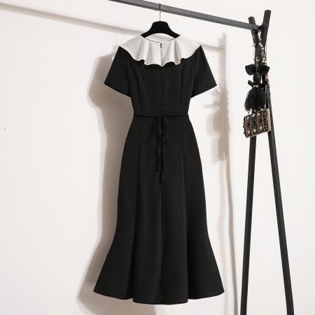 BY11927# 大码女夏季新款气质鱼尾裙微胖妹显瘦黑白撞色经典连衣裙 服裝批發女裝批發服飾貨源