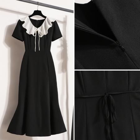 BY11927# 大码女夏季新款气质鱼尾裙微胖妹显瘦黑白撞色经典连衣裙 服裝批發女裝批發服飾貨源