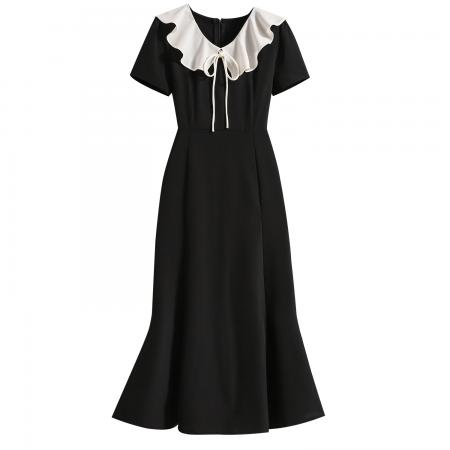 BY11927# 大码女夏季新款气质鱼尾裙微胖妹显瘦黑白撞色经典连衣裙 服裝批發女裝批發服飾貨源