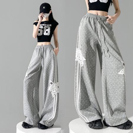 BY11929# 满印波点星星阔腿卫裤女春夏新款高腰宽松直筒裤子显瘦休闲裤 服裝批發女裝批發服飾貨源