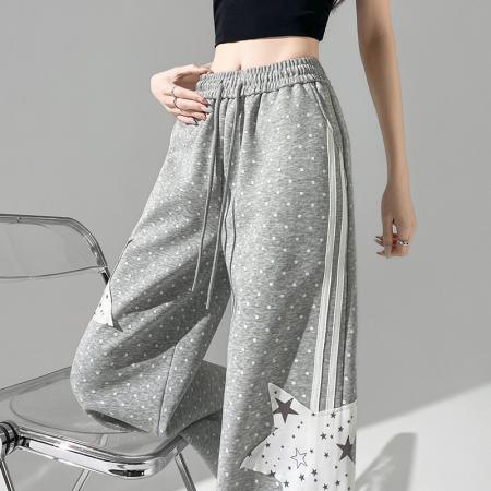 BY11929# 满印波点星星阔腿卫裤女春夏新款高腰宽松直筒裤子显瘦休闲裤 服裝批發女裝批發服飾貨源