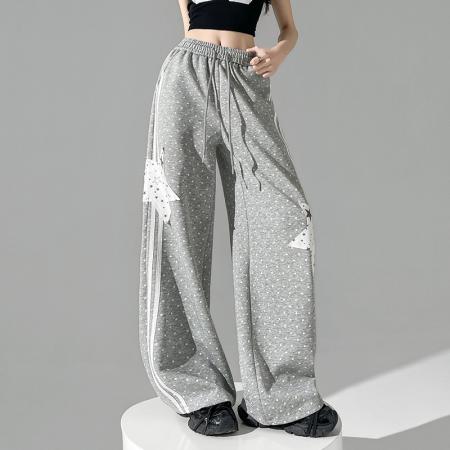 BY11929# 满印波点星星阔腿卫裤女春夏新款高腰宽松直筒裤子显瘦休闲裤 服裝批發女裝批發服飾貨源