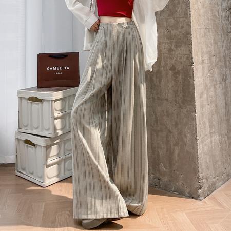 BY11930# 韩系复古条纹阔腿裤女夏季新款设计感绑带百搭老钱风西装裤子 服裝批發女裝批發服飾貨源