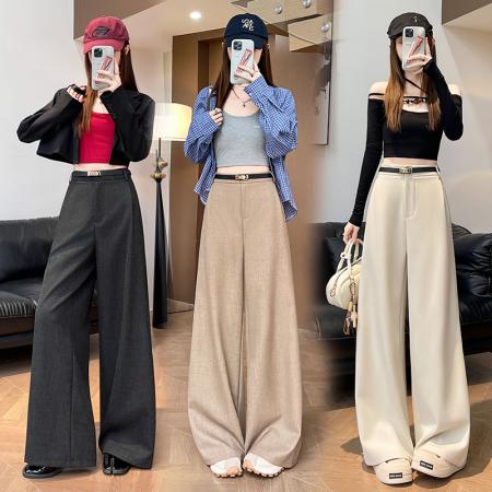 BY11931# 高级感卡其色西装裤女夏季直筒宽松遮肉显瘦休闲拖地窄版阔腿裤 服裝批發女裝批發服飾貨源