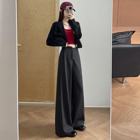 BY11931# 高级感卡其色西装裤女夏季直筒宽松遮肉显瘦休闲拖地窄版阔腿裤 服裝批發女裝批發服飾貨源