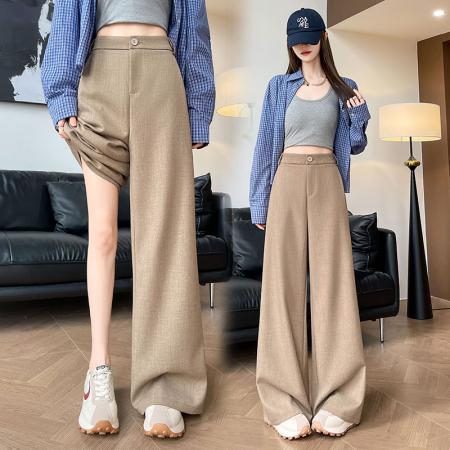 BY11931# 高级感卡其色西装裤女夏季直筒宽松遮肉显瘦休闲拖地窄版阔腿裤 服裝批發女裝批發服飾貨源