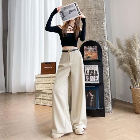 BY11931# 高级感卡其色西装裤女夏季直筒宽松遮肉显瘦休闲拖地窄版阔腿裤 服裝批發女裝批發服飾貨源