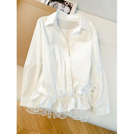 BY11936# 春天韩系气质设计感背心拼接假两件荷叶边翻领长袖衬衫女 服裝批發女裝批發服飾貨源