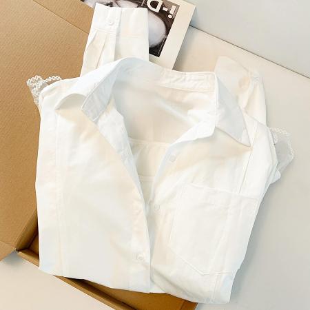 BY11936# 春天韩系气质设计感背心拼接假两件荷叶边翻领长袖衬衫女 服裝批發女裝批發服飾貨源